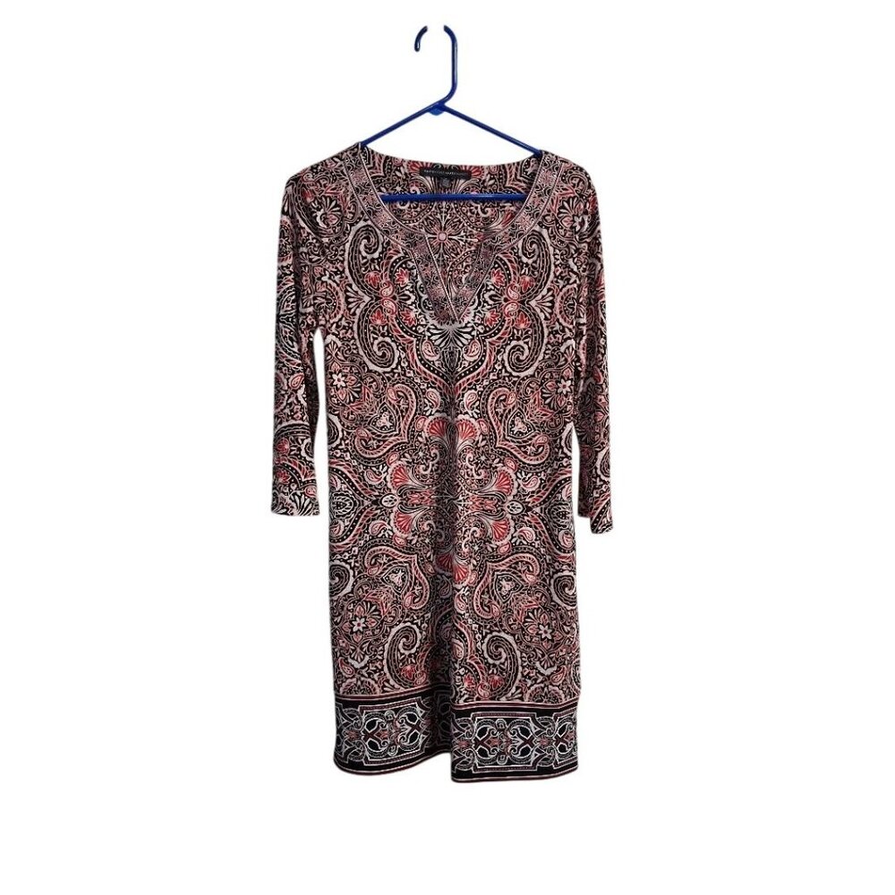 White House Black Market Paisley Print Dress S Black/Red 3/4 Sleeve Knee Length